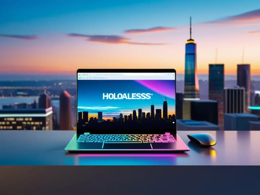 Técnicas de escritura para blogs digitales: laptop futurista con teclado holográfico y skyline urbano al atardecer en la pantalla