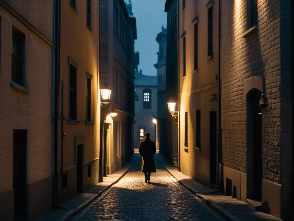 Técnicas literarias para crear tramas: misterioso callejón iluminado por la luz tenue de farolas, con figura solitaria al fondo entre sombras altas