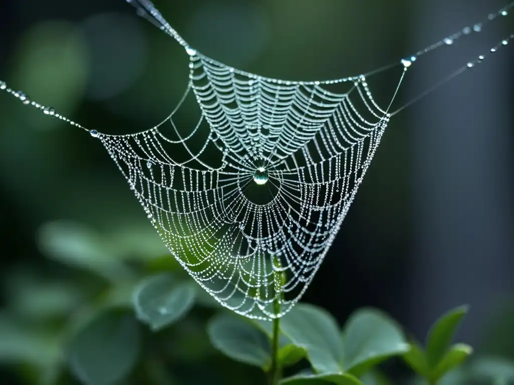 Una telaraña intrincada con rocío, en un fondo oscuro