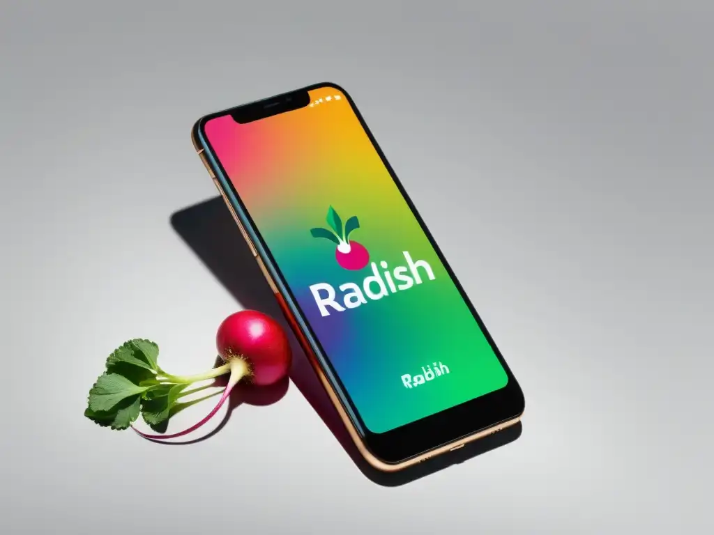 Teléfono inteligente con la app Radish mostrando la interfaz vibrante y la opción de 'monetizar historias por episodios', sobre fondo blanco