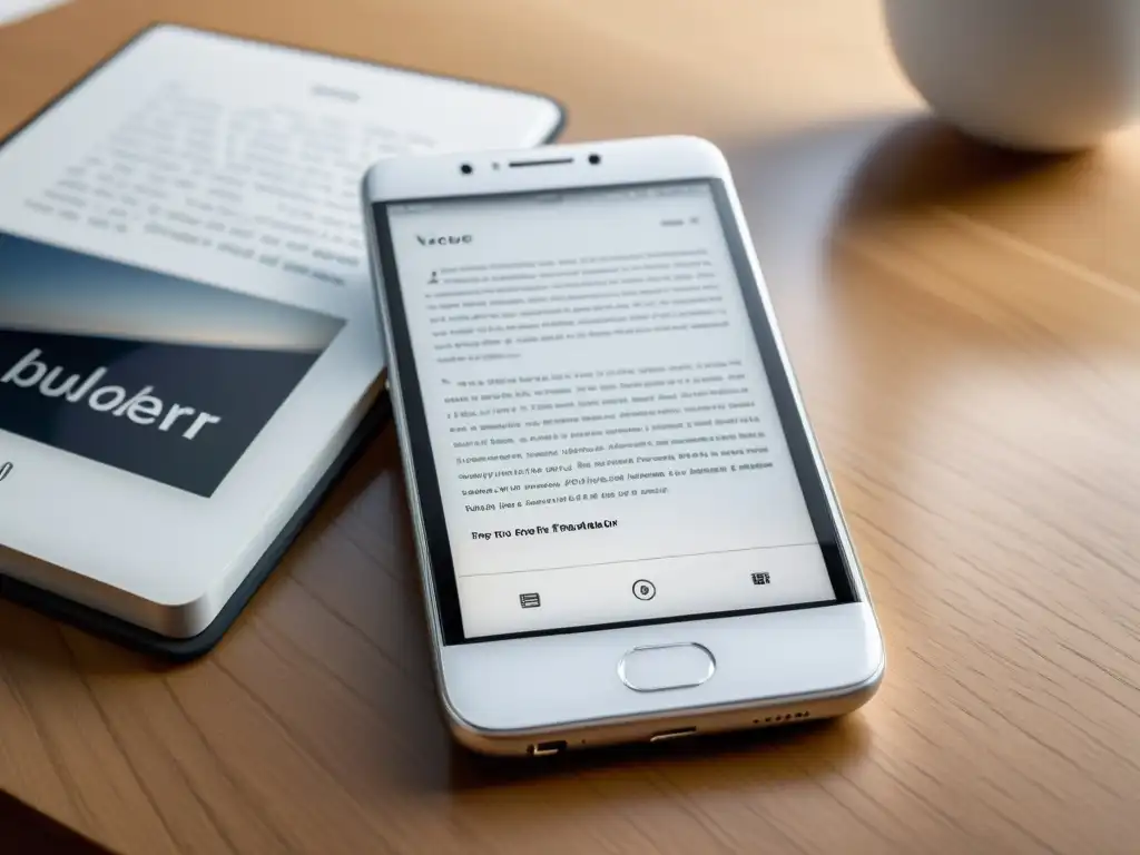 Smartphone blanco y plateado con app de lectura elegante Teléfono inteligente blanco y plateado con aplicación de lectura de libros electrónicos y síntesis de voz, en un ambiente sereno y enfocado