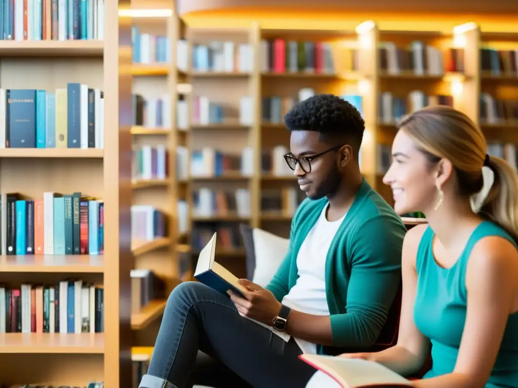 Tendencias de lectura Millennials Gen Z: Jóvenes disfrutan de libros en biblioteca moderna, reflejo de la diversidad de preferencias de lectura