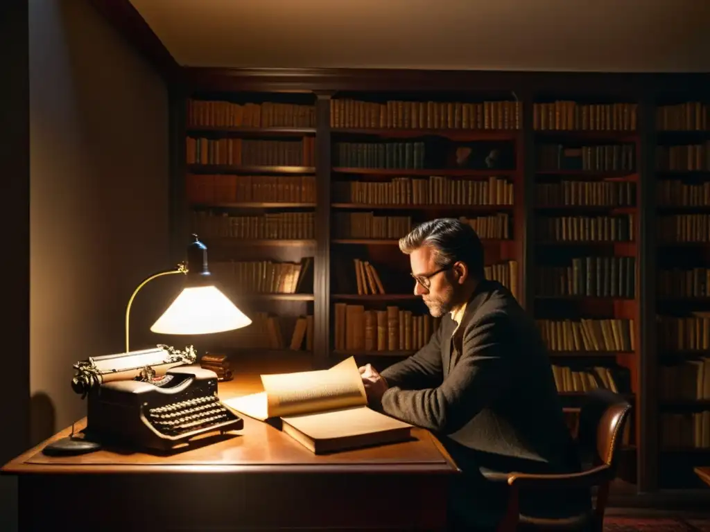 En la tenue luz de la biblioteca, un escritor se sumerge en un mundo literario inquietante, rodeado de libros antiguos y una máquina de escribir