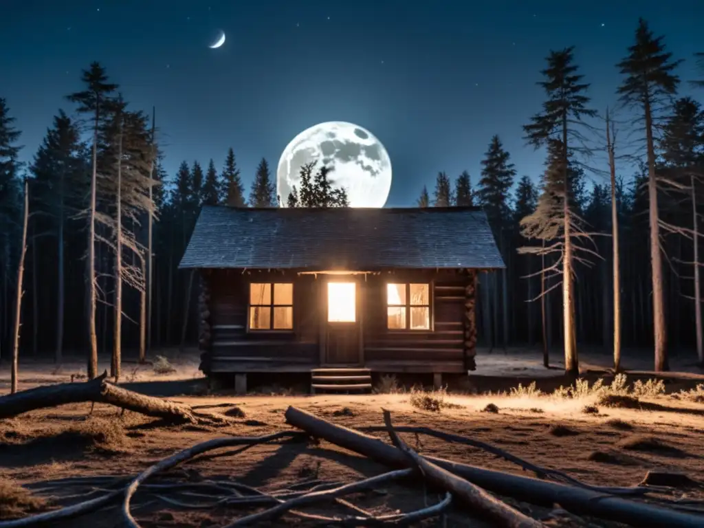 Tétrico bosque nocturno con luna entre ramas retorcidas y sombras inquietantes