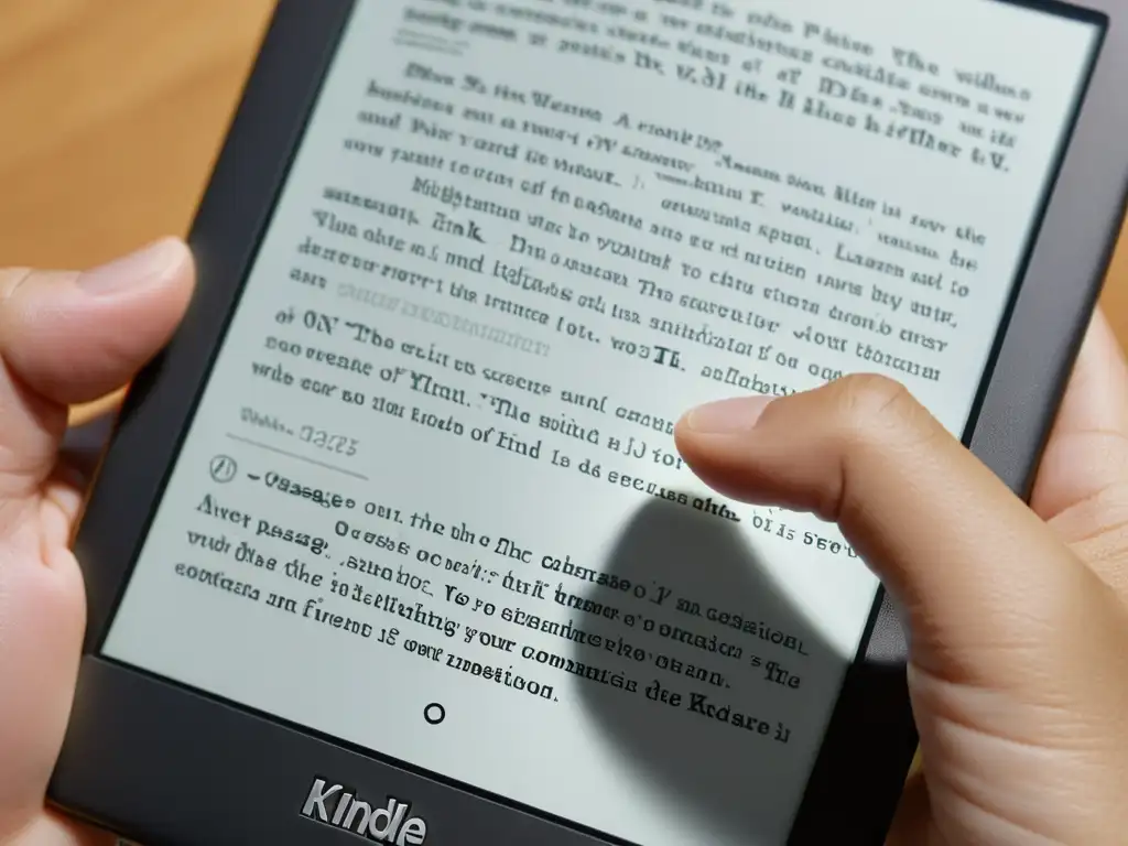 Un Kindle muestra texto nítido y el usuario toma notas, creando una imagen dinámica