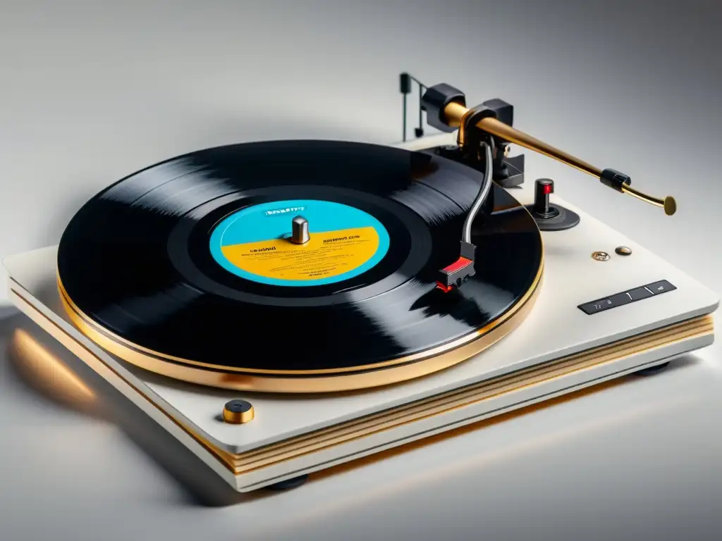 Un tocadiscos moderno con un vinilo de diseño minimalista con un libro y notas musicales