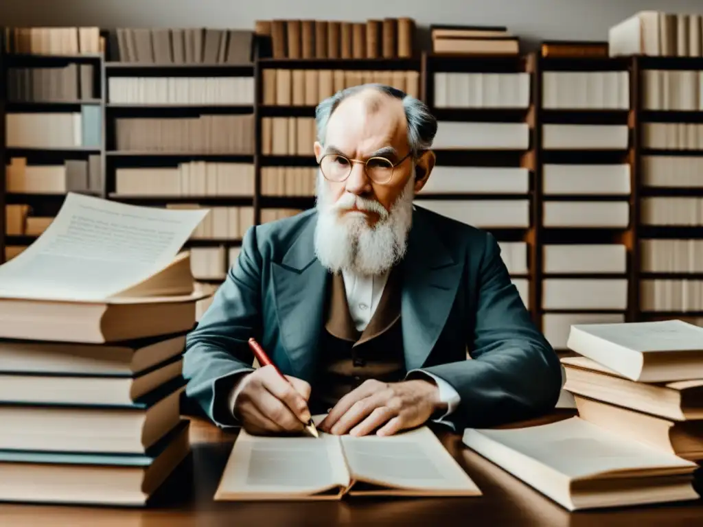 Leo Tolstoy reflexiona en su escritorio, rodeado de libros y papeles, capturando la construcción epopeya moderna Tolstói