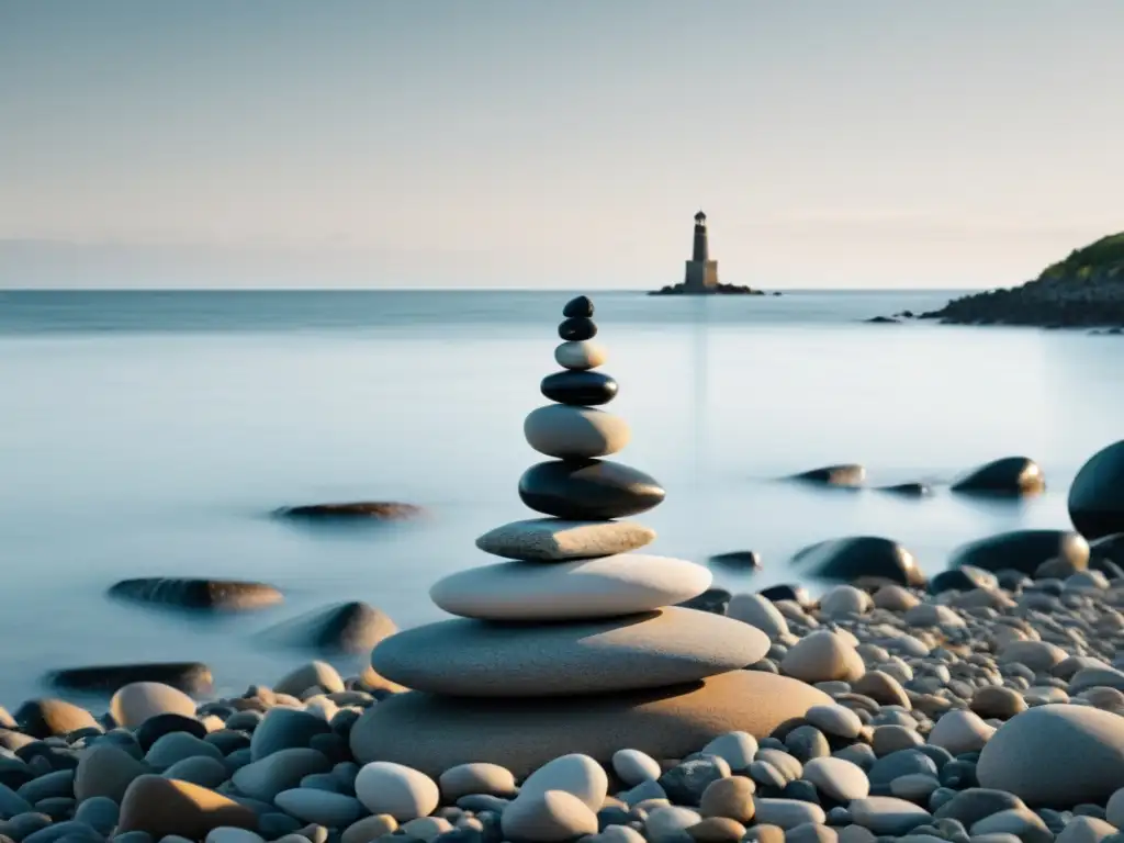 Una torre de piedra en equilibrio sobre la playa rocosa, con el mar en calma al fondo