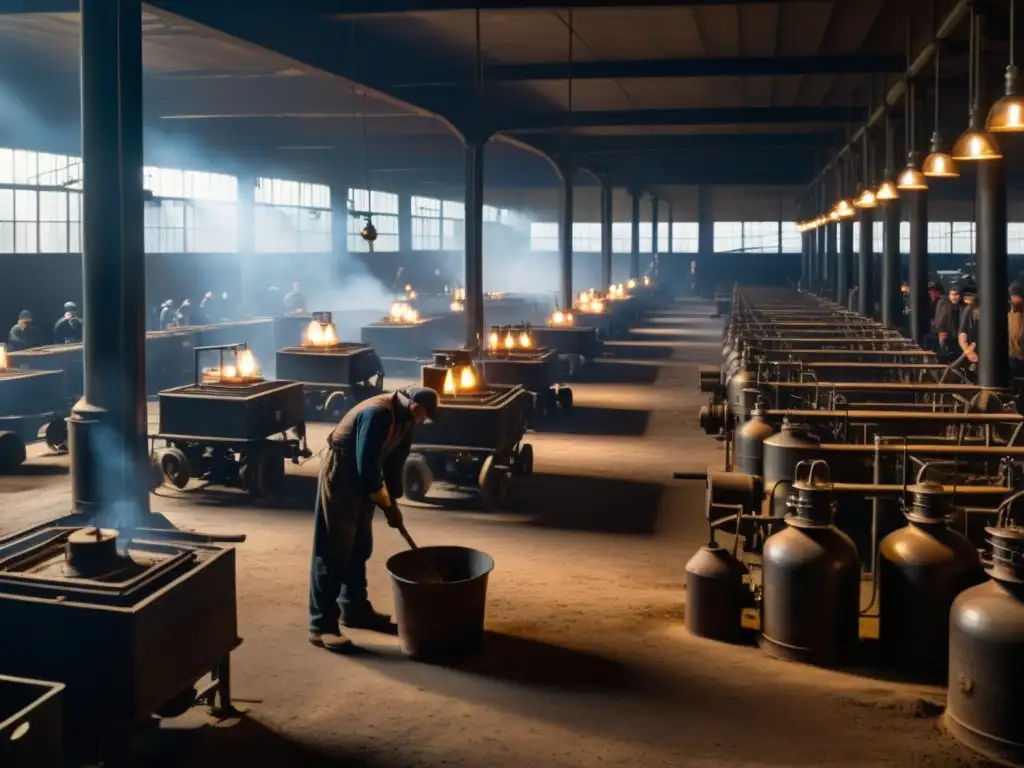 Trabajadores exhaustos operando maquinaria en fábrica del siglo XIX, reflejando la Revolución Industrial en la Literatura