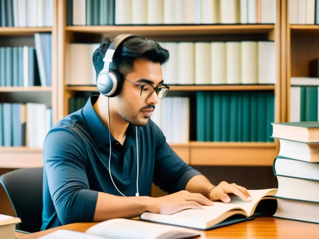 Un traductor experto compara con detenimiento dos versiones de un texto literario, rodeado de libros y papeles