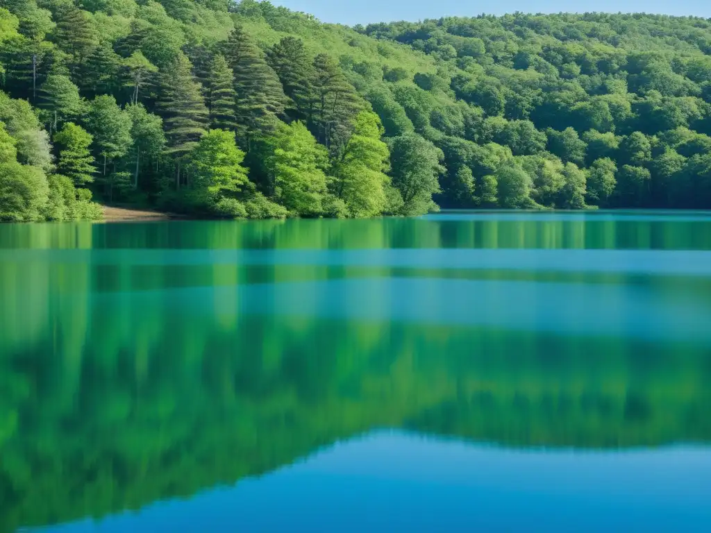 La tranquila serenidad de Walden Pond reflejando el cielo azul, rodeado de exuberante vegetación