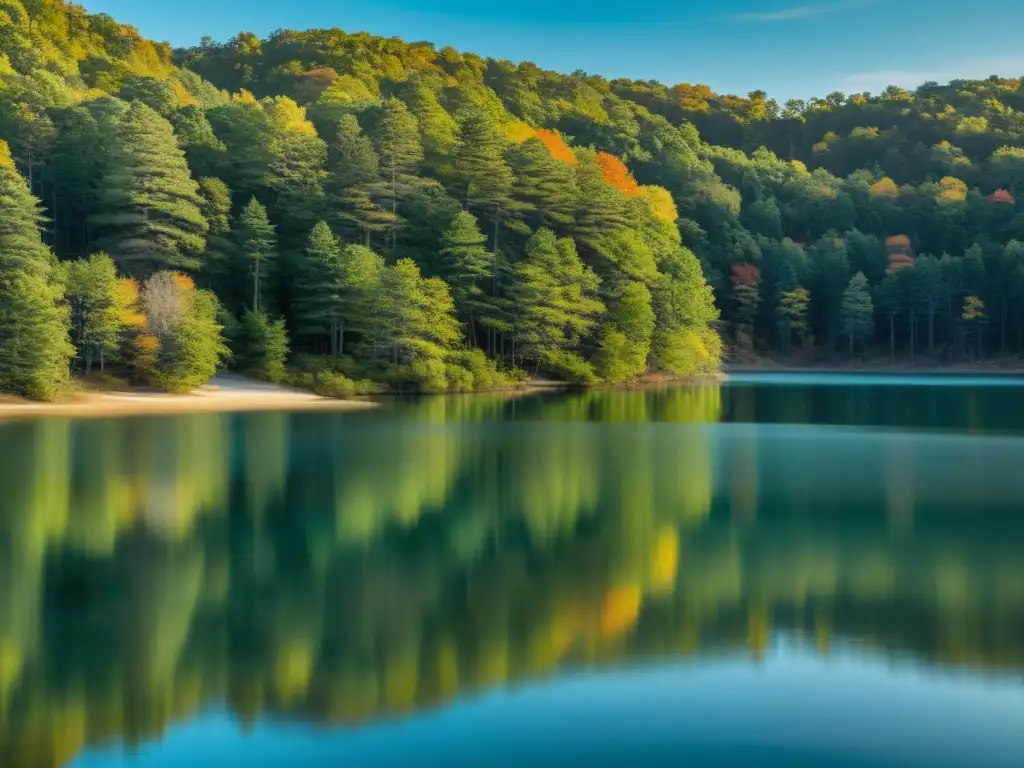 Tranquilidad en Walden Pond con reflejo de árboles y cielo