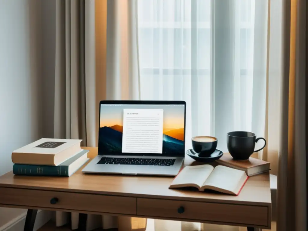 Un tranquilo escritorio minimalista con libros autoeditados, un elegante portátil y una taza de café, bañado en suave luz natural