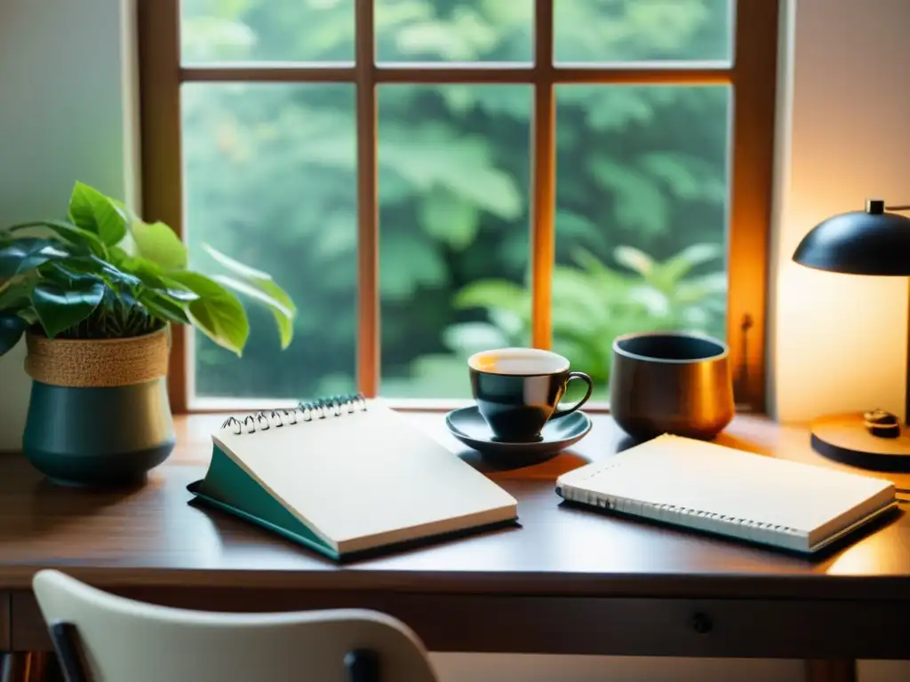 Un rincón tranquilo de escritura con luz natural, una antigua máquina de escribir y una pila de cuadernos en un escritorio de madera