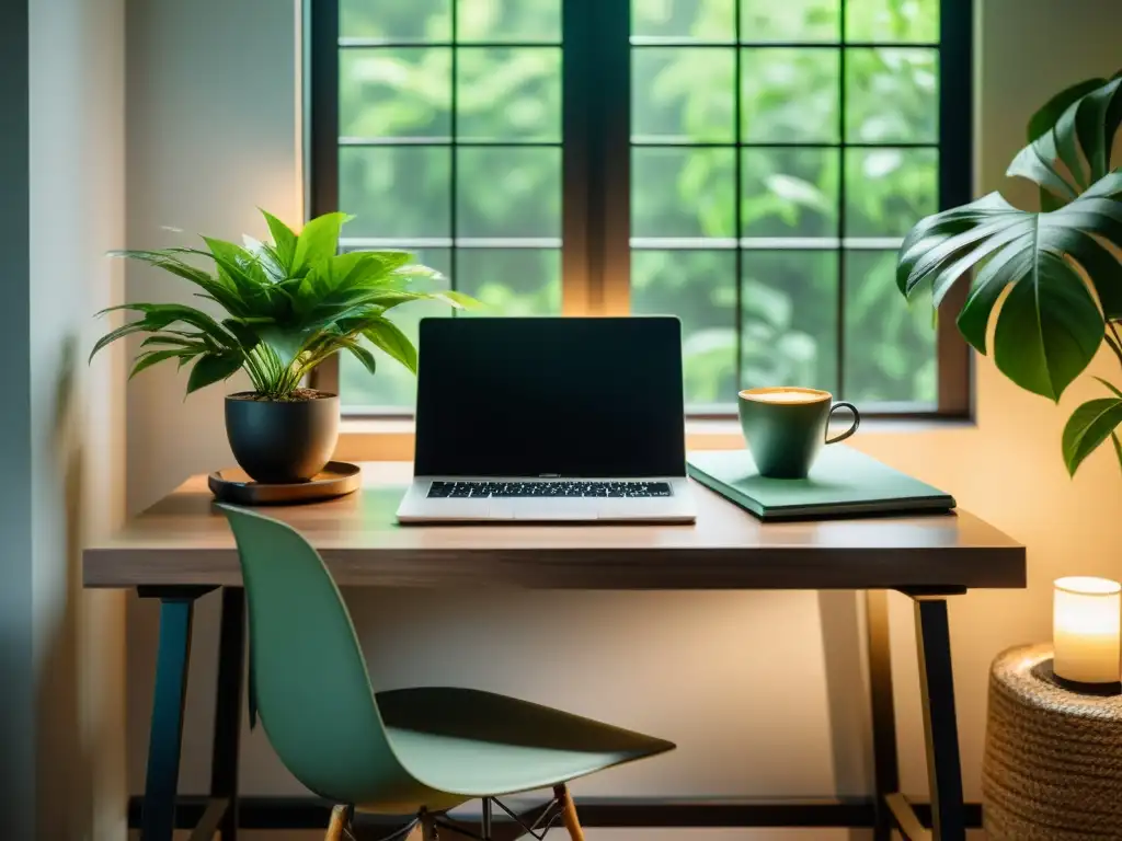 Un tranquilo espacio de escritura con laptop, café y vegetación, ideal para retiros de escritura creativa