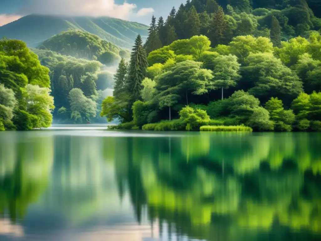 Un tranquilo paisaje junto al lago con árboles verdes reflejados en el agua, inspirando creatividad y contemplación