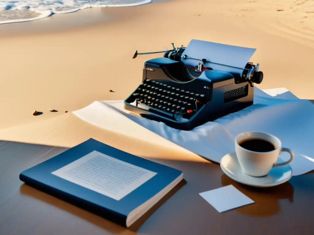 Un tranquilo rincón playero con una máquina de escribir, hojas sueltas y una taza de café