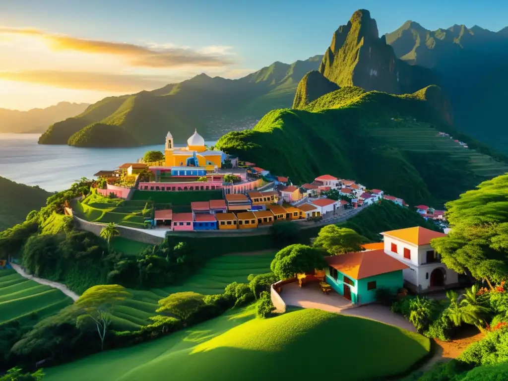 Un tranquilo pueblo latinoamericano con exuberante vegetación y coloridos edificios, bañado por la cálida luz del atardecer