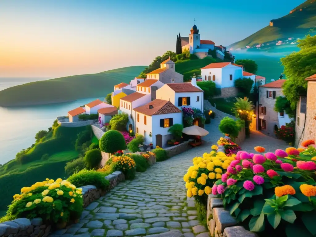 Un tranquilo pueblo en un paisaje exuberante con flores vibrantes