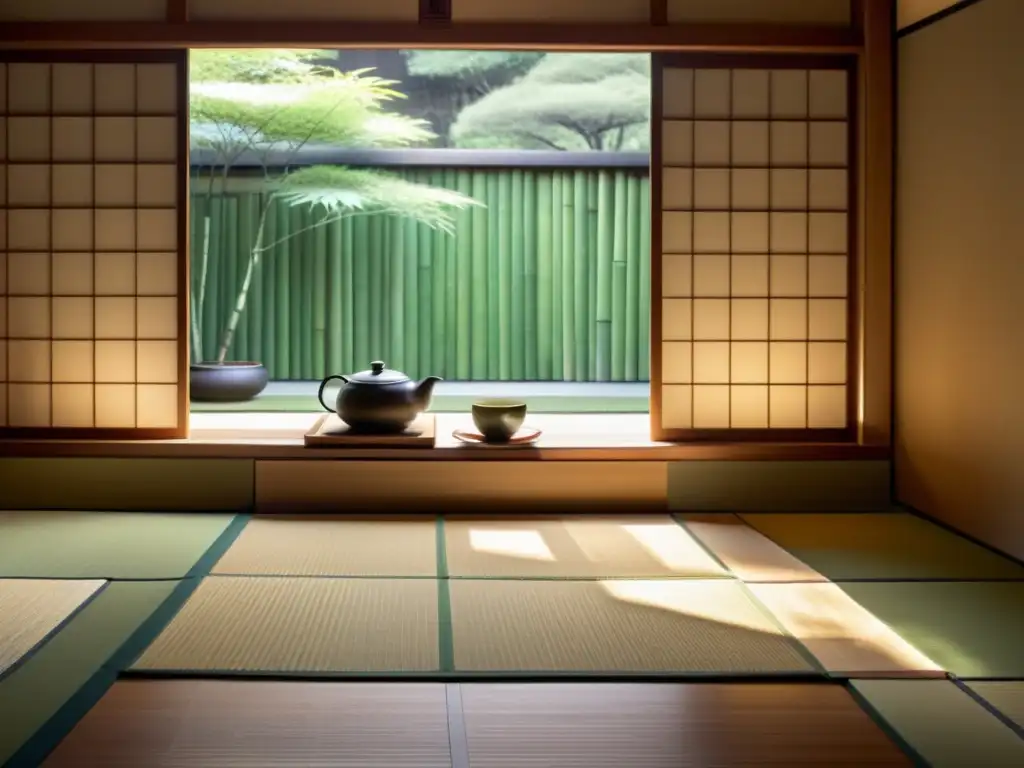 Un tranquilo taller de haiku y poesía breve en una tradicional sala de té japonesa con tatamis, puertas de papel y un elegante juego de té