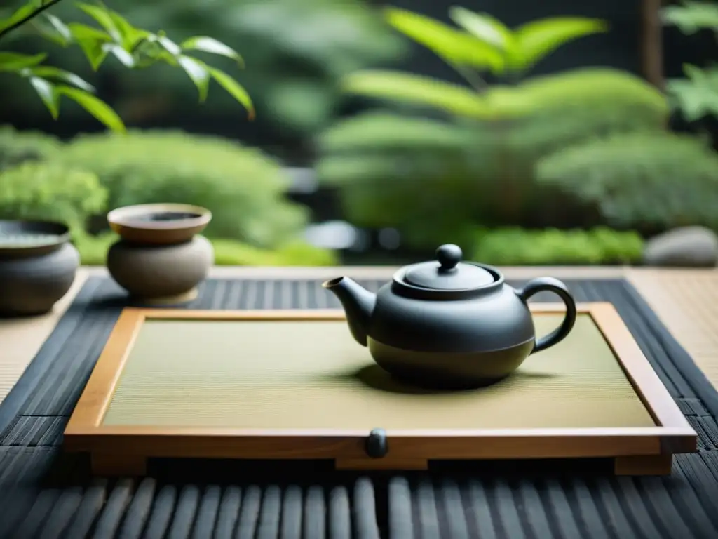 Un tranquilo taller de haiku y poesía breve en un jardín japonés sereno con tatamis, tetera y tazas delicadas, bañado en suave luz natural