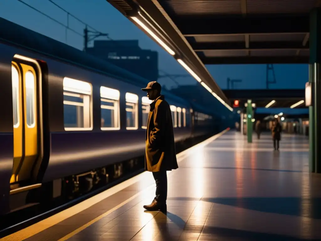 Un andén de tren en penumbra, con una figura solitaria en sombras