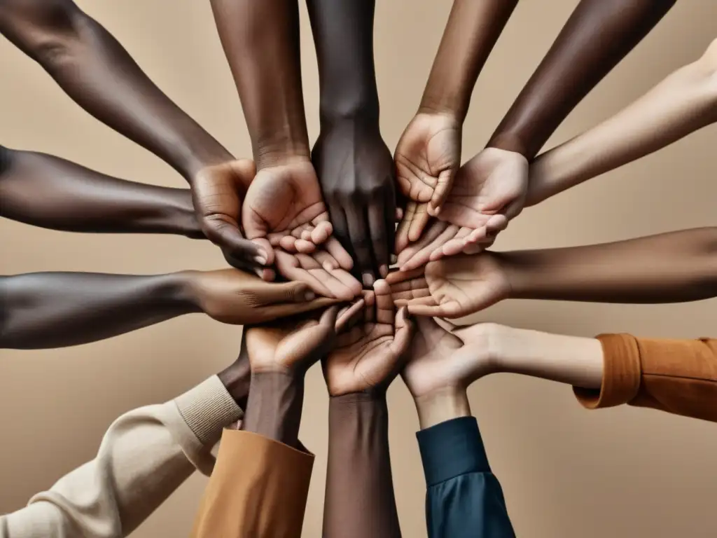 Unidos en diversidad: grupo de personas con diferentes tonos de piel y prendas que representan su herencia cultural, uniendo manos en solidaridad