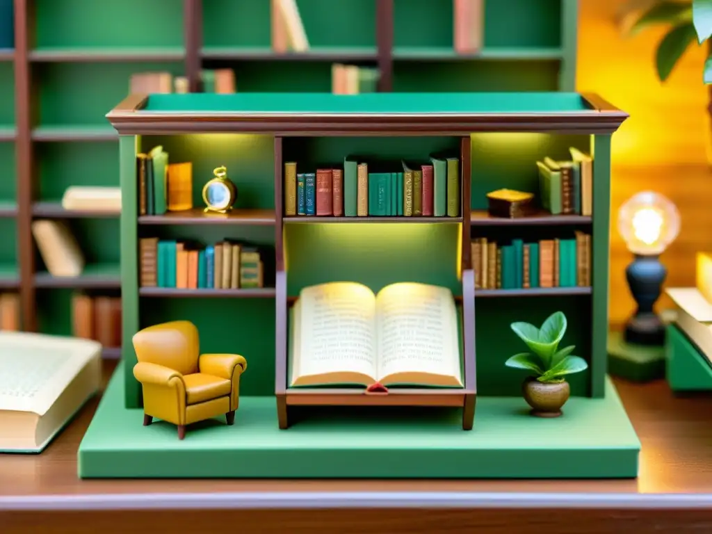 Explora el universo literario ediciones miniatura en esta escena encantadora de una biblioteca en miniatura, llena de libros detallados y acogedores rincones de lectura, iluminada suavemente para realzar su exquisita artesanía