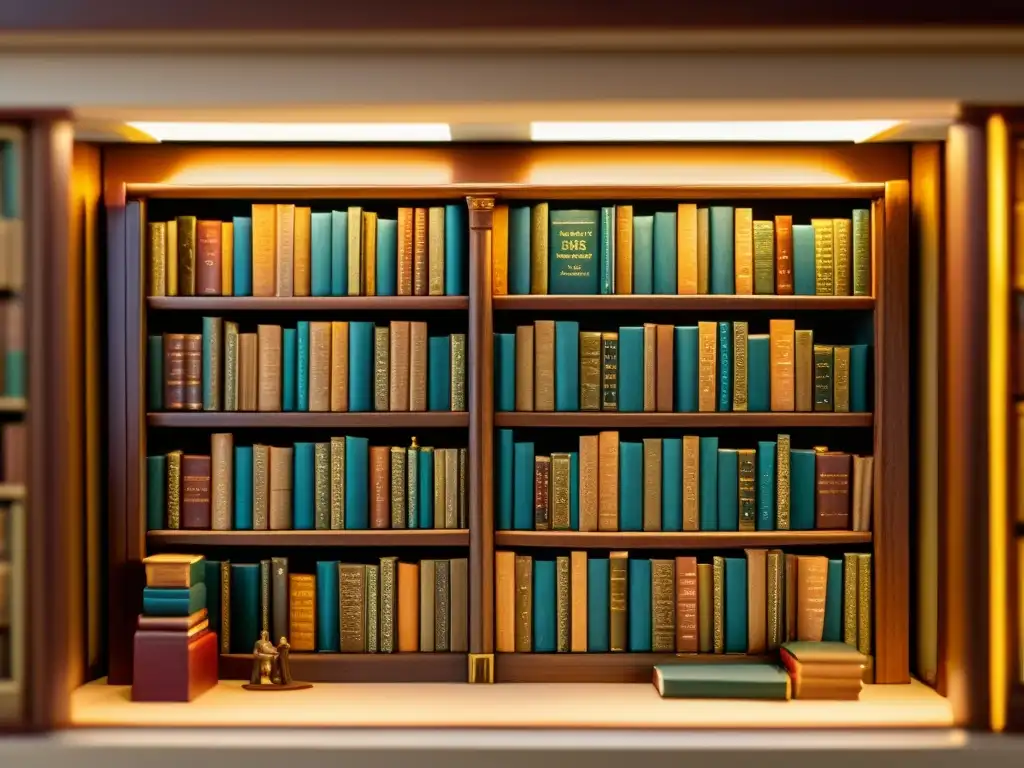 Universo literario ediciones miniatura: Detalle de una biblioteca en miniatura con libros encuadernados en cuero y acogedores rincones de lectura, iluminada suavemente