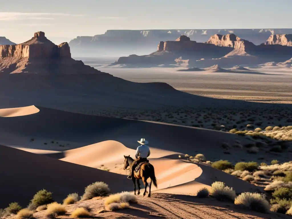 Un vaquero solitario cabalga en un desierto vasto y desolado, resaltando la belleza y dureza del paisaje del oeste