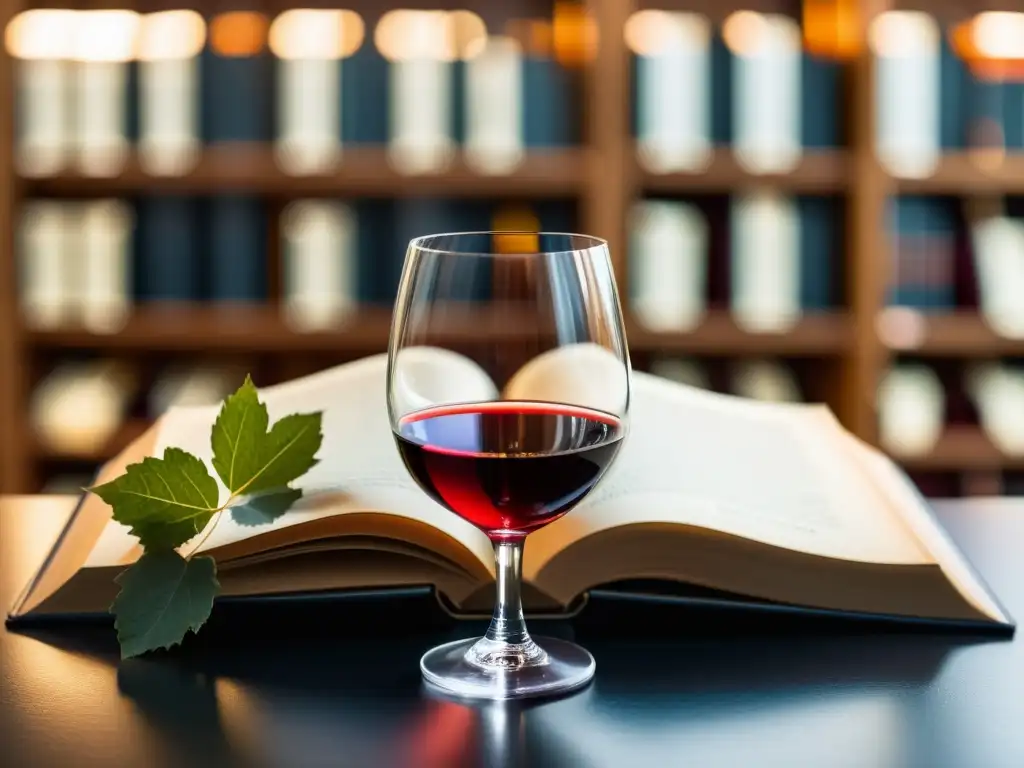 Un vaso de vino tinto y un libro sobre una mesa, rodeados de hojas de uva, con luz natural