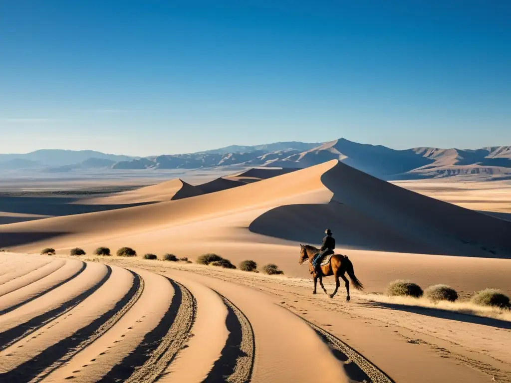 Un vasto paisaje árido se extiende bajo un cielo azul claro, con colinas en la distancia y una figura solitaria a caballo cruzando el horizonte