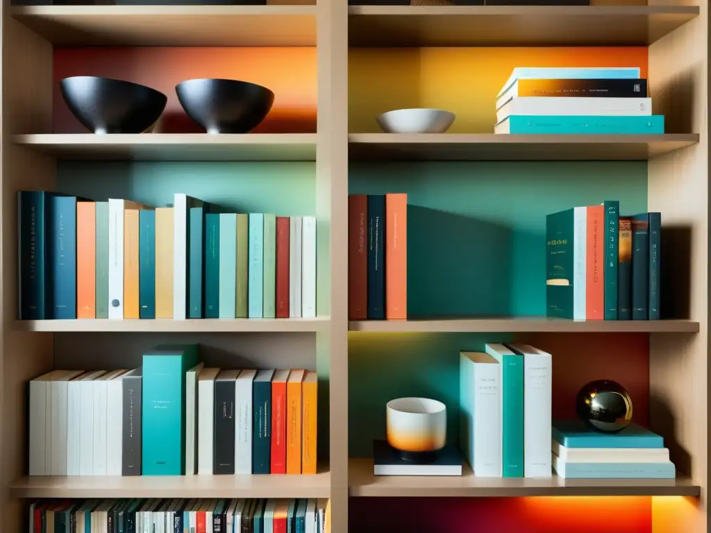 Diseño y venta de libro fotográfico: Estante minimalista con libros de fotografía organizados en un atractivo degradado de colores, iluminación suave