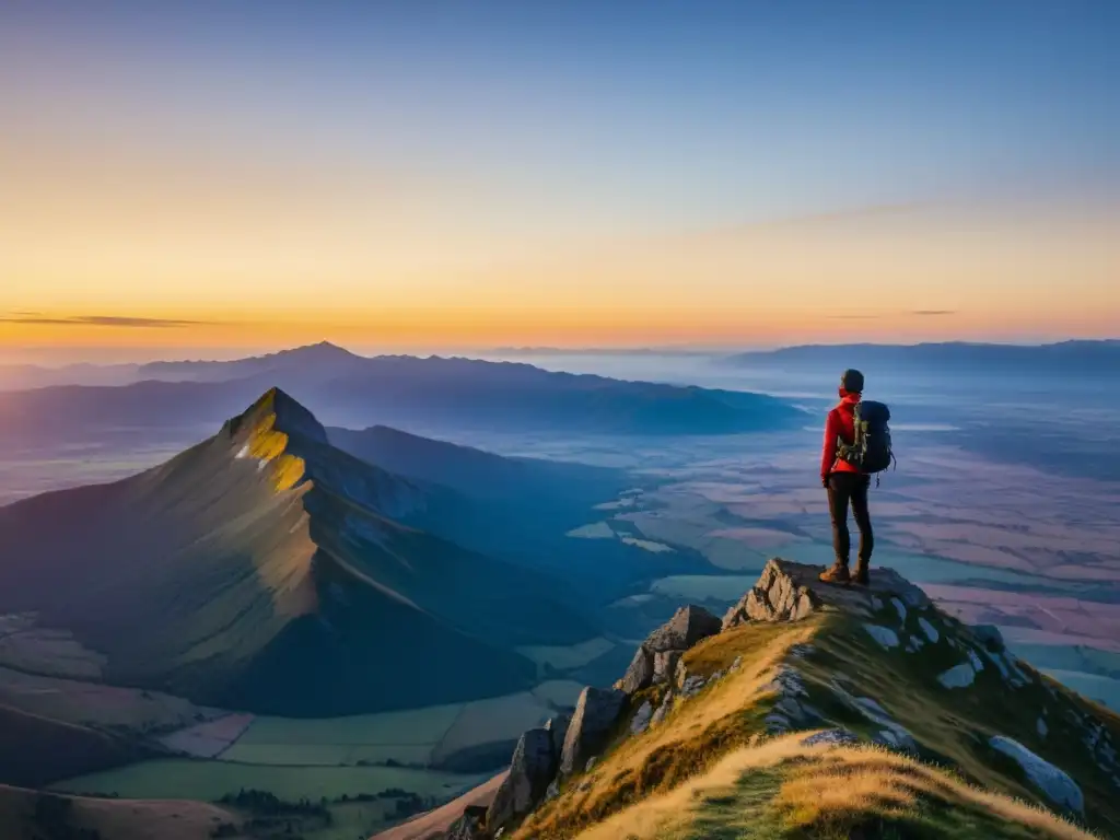 Un viajero contempla el amanecer desde lo alto de una montaña, evocando la emoción y la maravilla de la literatura de viajes evolución tendencias