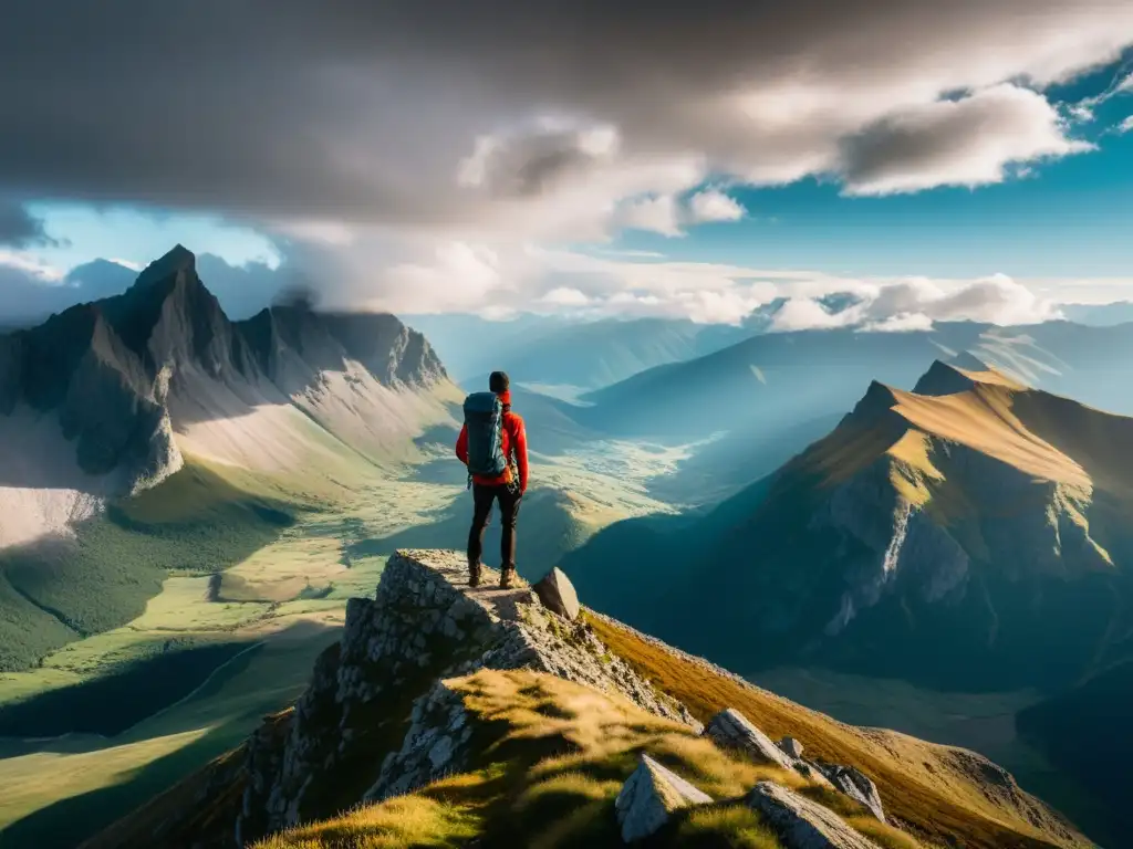 Un viajero en la cima de una montaña remota, rodeado de picos altos y colores vibrantes