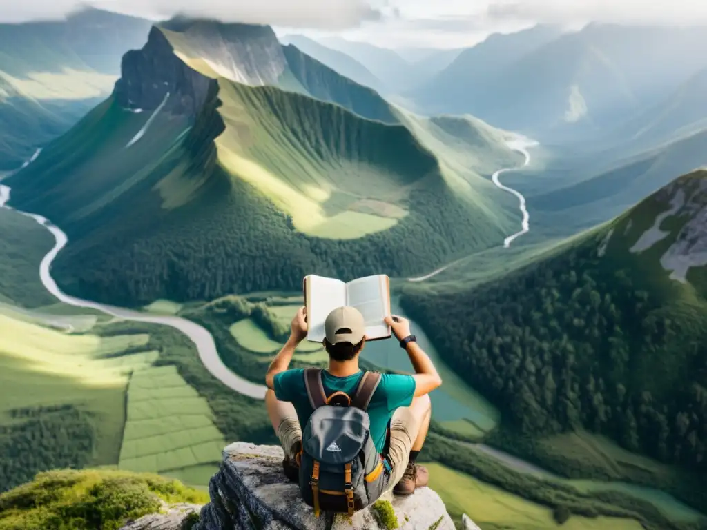 Un viajero moderno contempla paisaje montañoso con cuaderno en mano, evocando la literatura de viajes siglo XXI