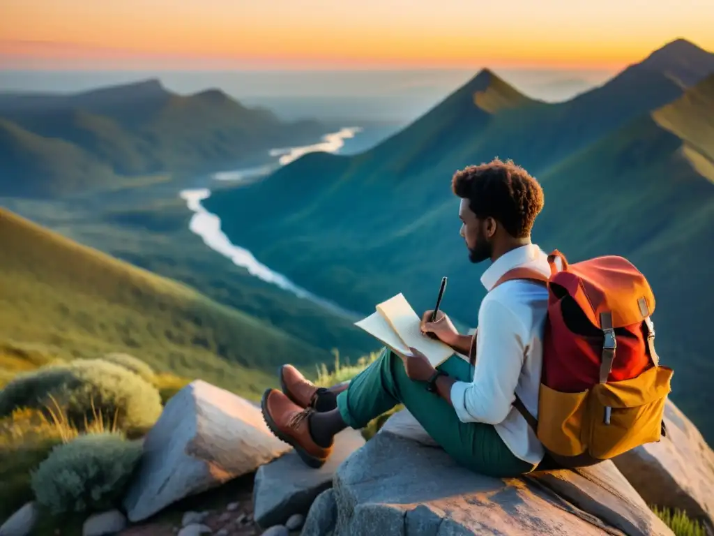 Un viajero escribiendo notas al atardecer en la montaña, rodeado de tranquilidad y aventura, con mochila y mapa