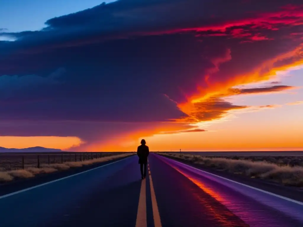 Un viajero solitario en una carretera desierta, contemplando el atardecer