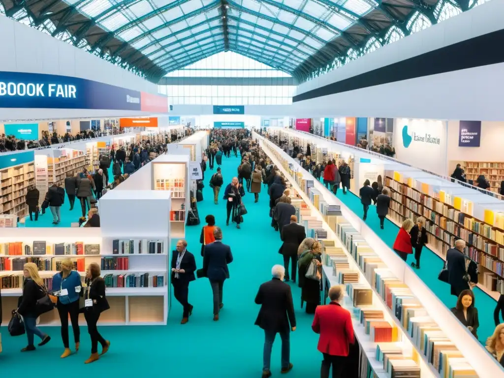 Un vibrante ambiente en la Feria del Libro de Londres, con asistentes curiosos explorando exhibiciones y participando en discusiones