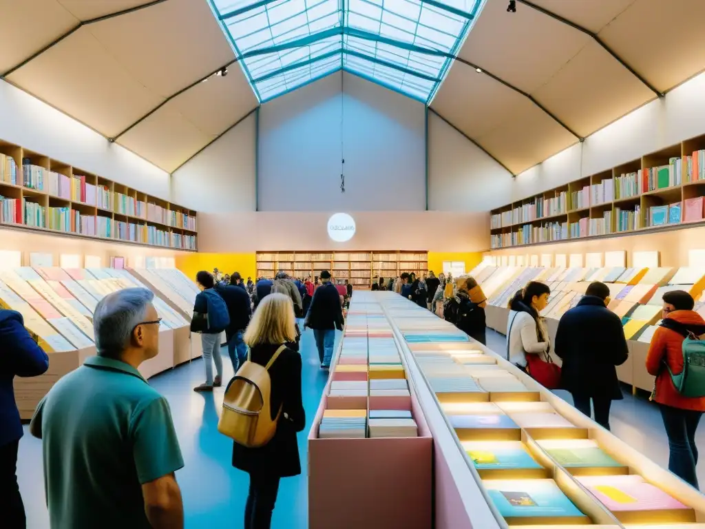 Vibrante Bologna Children's Book Fair con libros, ilustraciones y visitantes de todo el mundo