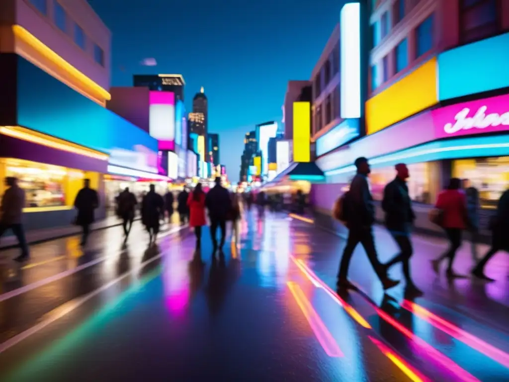 Vibrante calle nocturna de la ciudad con luces de neón, reflejando la energía urbana y técnicas de escritura inspiración