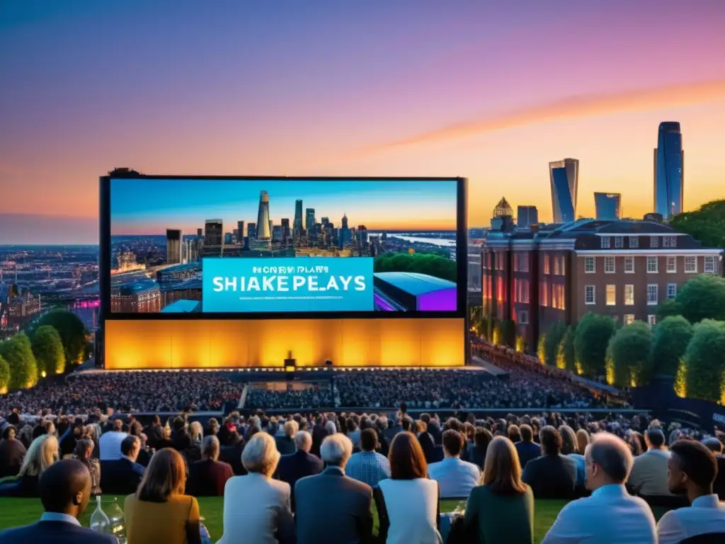 Skyline cinematográfico: Shakespeare en la ciudad moderna Vibrante ciudad al atardecer con pantalla gigante mostrando adaptaciones cinematográficas de Shakespeare, fusionando lo clásico con lo contemporáneo