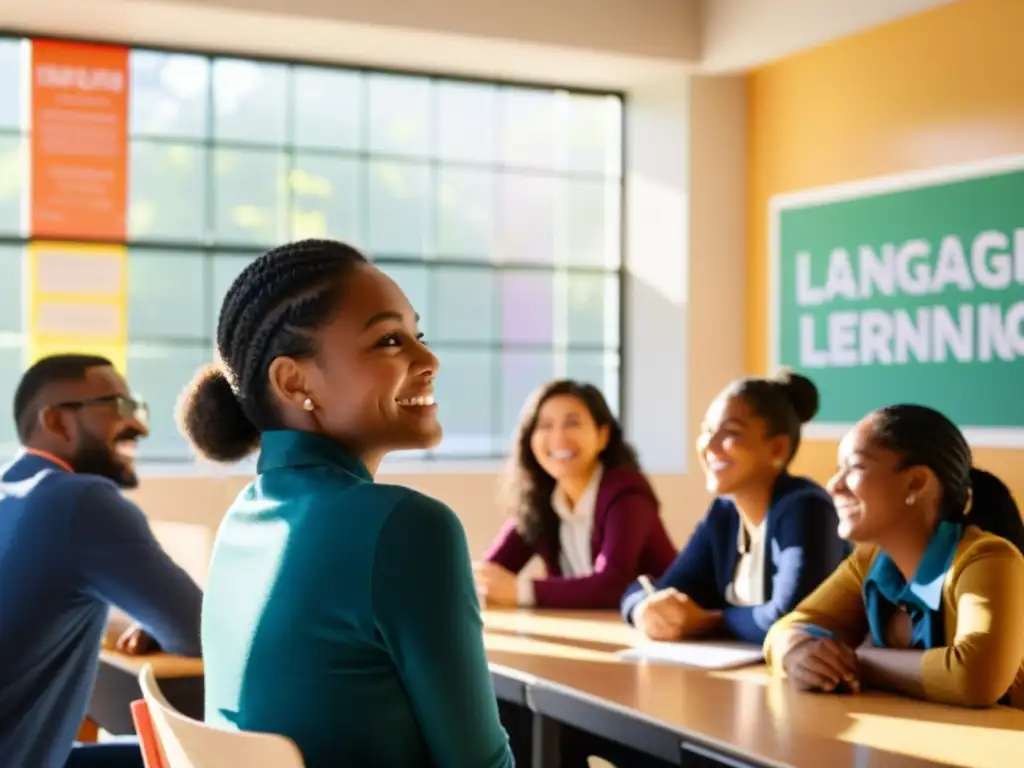 Vibrante clase de enseñanza de segundas lenguas sociolingüística, con estudiantes participativos y profesor alentador