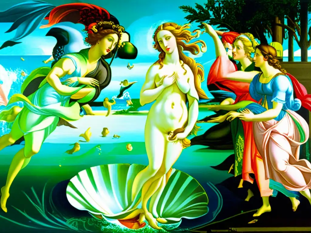 Una representación vibrante y detallada de 'El nacimiento de Venus' de Botticelli, evocando la influencia del Renacimiento en poesía contemporánea