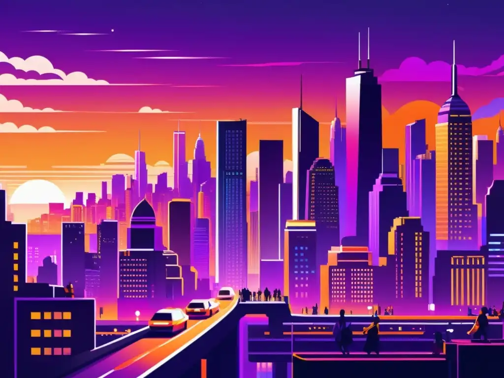 Vibrante ilustración digital de una bulliciosa ciudad futurista al anochecer