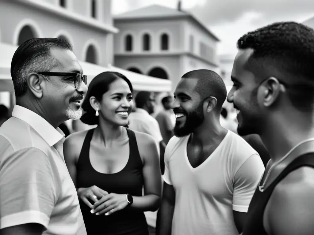 Vibrante discusión en el Festival de la Palabra Puerto Rico, con expresiones animadas y gestos en blanco y negro