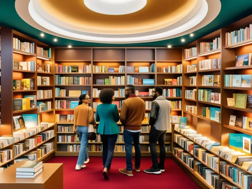 Vibrante discusión en librería multicultural con influencia de nuevas culturas literatura