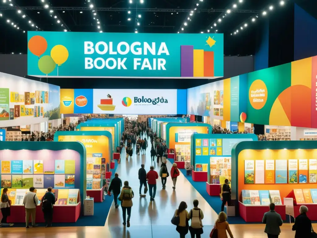 Vibrante escena en el Bologna Children's Book Fair, con autores, ilustradores y una amplia variedad de libros infantiles