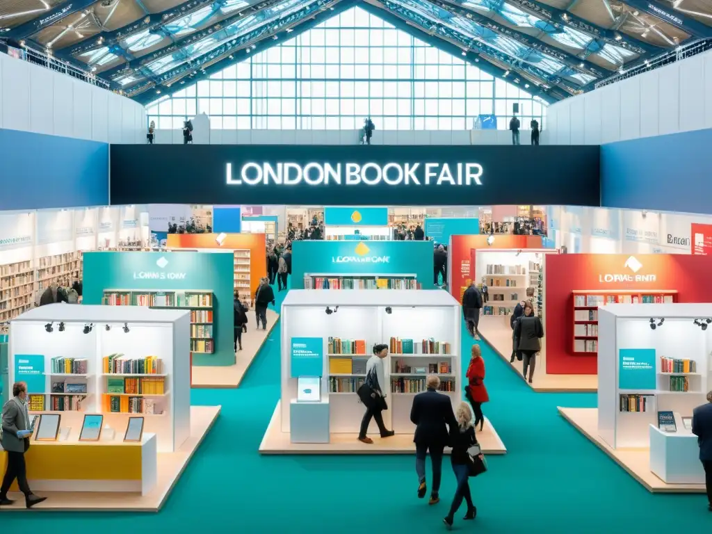 Vibrante escena de la London Book Fair con interacción entre editores, autores y entusiastas de la literatura, destacando la importancia global