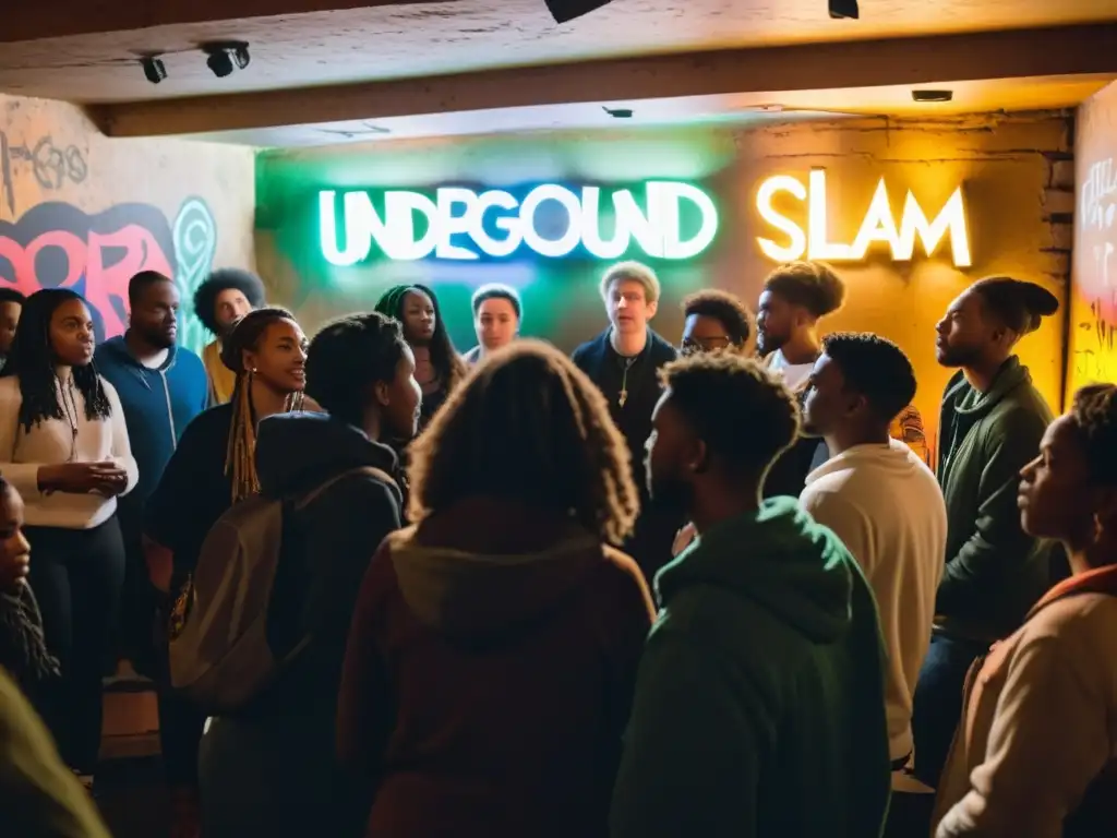 Un vibrante evento de poesía slam underground, con jóvenes poetas apasionados en el escenario, cautivando a una audiencia entregada